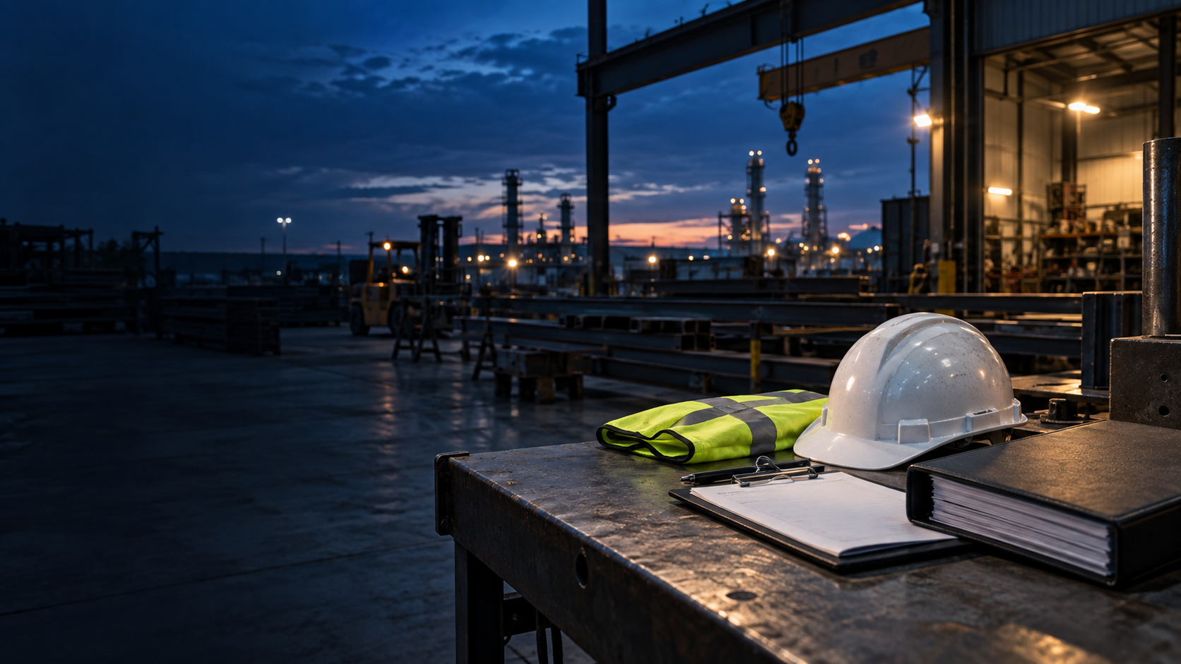 Safety equipment and a documentation binder on a workshop bench at dusk